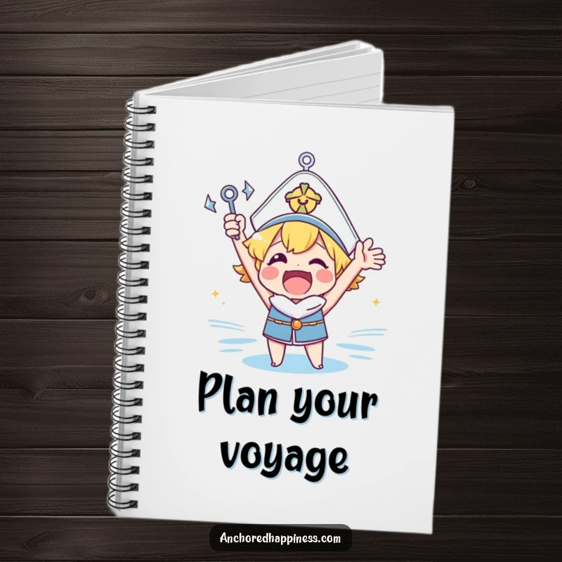 Funny anchor cheer notebook featuring an excited character holding a tiny anchor, perfect for journaling nautical adventures and ideas.