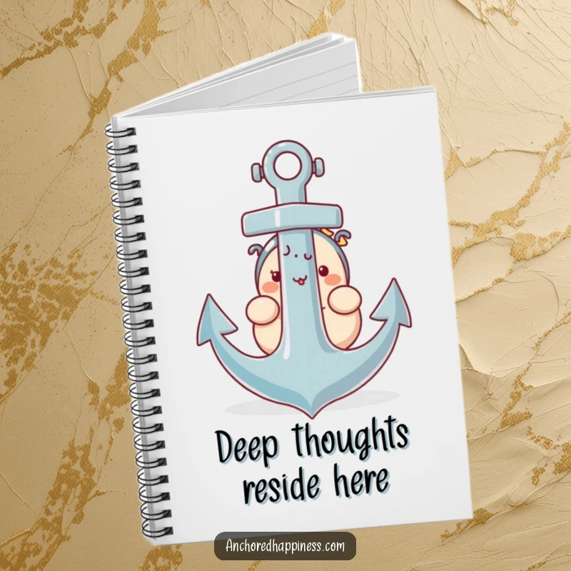 Funny notebook cover: a plump character shyly peeking from behind a giant anchor, perfect for quiet thoughts.