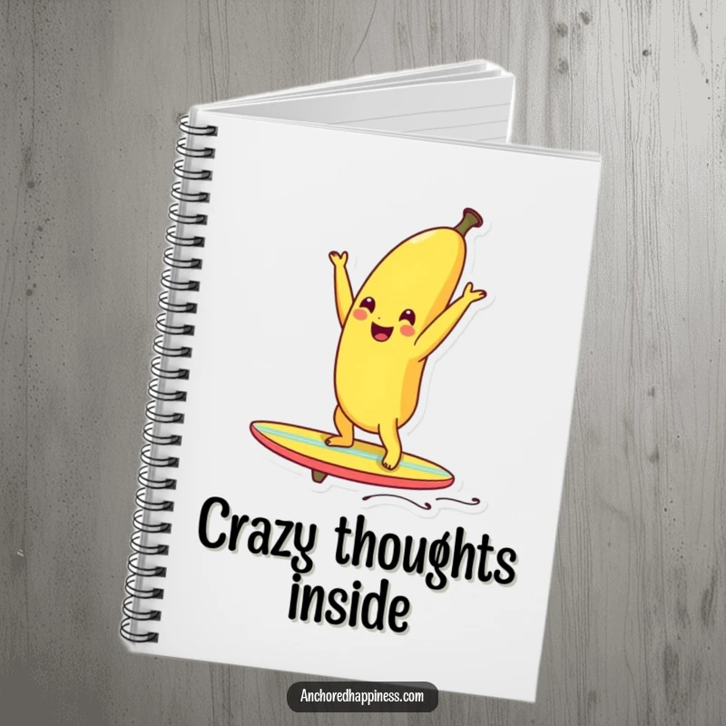 Funny smiling banana doing a handstand on a tiny surfboard, perfect for jotting notes with humor.