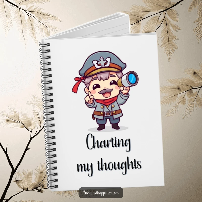 Funny notebook with a character as a captain, pointing with a spyglass, inspiring humorous note-taking.