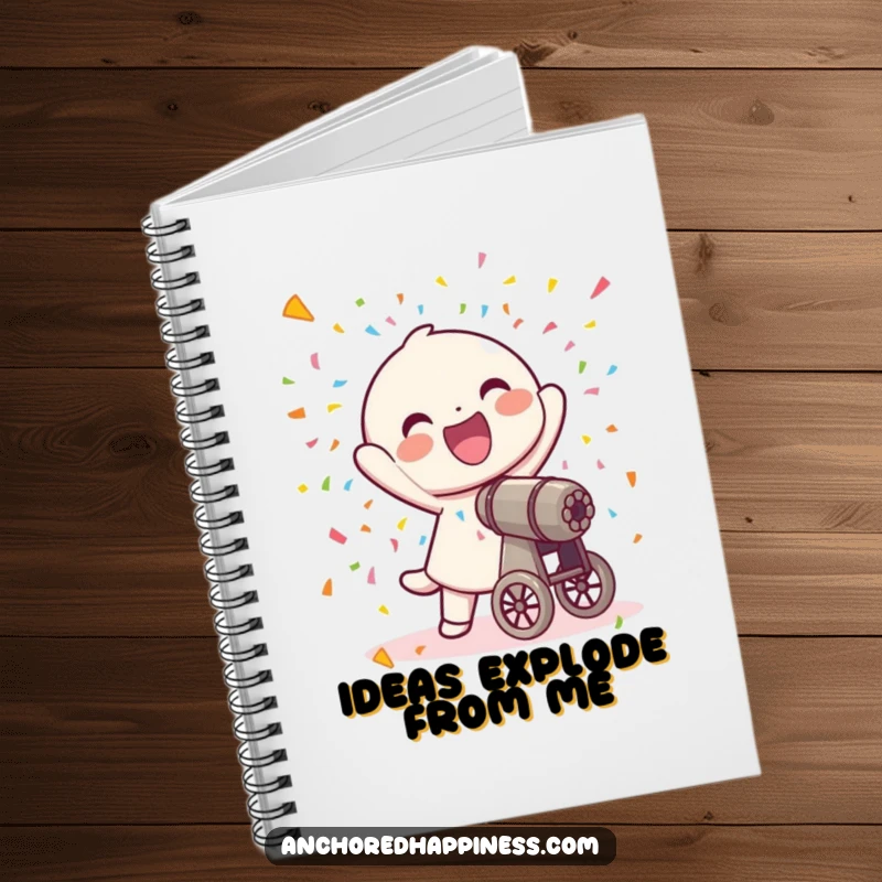 Funny notebook cover: a joyful character firing a confetti cannon, with colorful confetti bursting out.