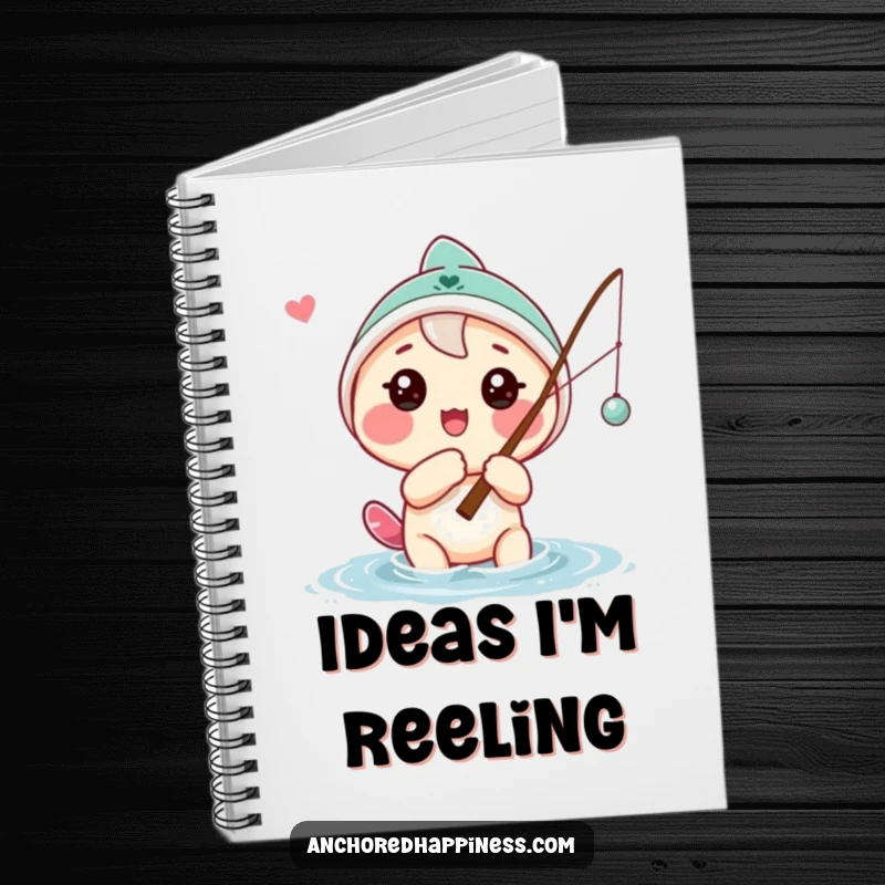 Funny notebook with a playful character casting a fishing line with a hopeful expression, designed for recording fishing trips and ideas.
