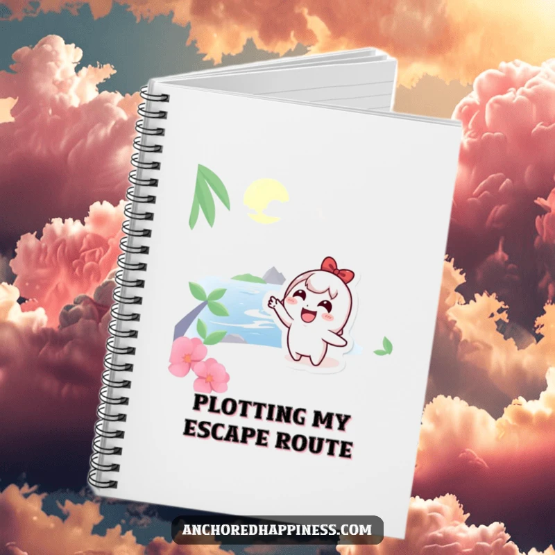 Funny Notebook: Cute character pointing at a distant island, ideal for planning adventures and dreams, a practical funny gift.