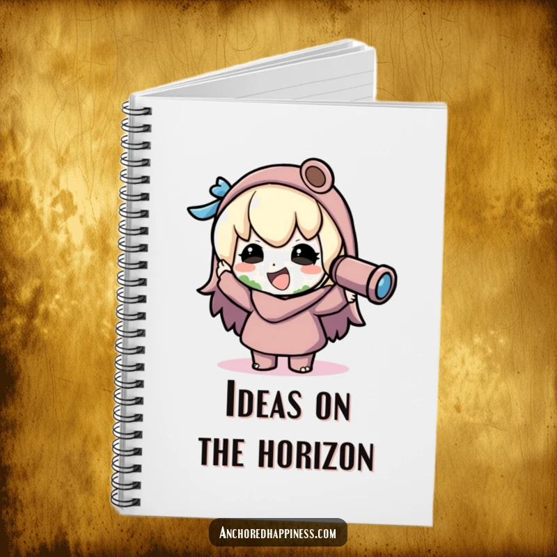 Funny kawaii explorer notebook, character joyfully spots land with spyglass, for writing and planning, adventurous and humorous design, useful gift.