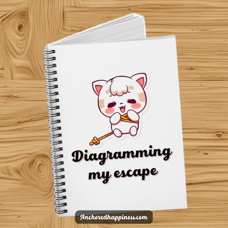 Funny kawaii character comically tangled in rope, featured on a humorous notebook cover, perfect for jotting down messy ideas.