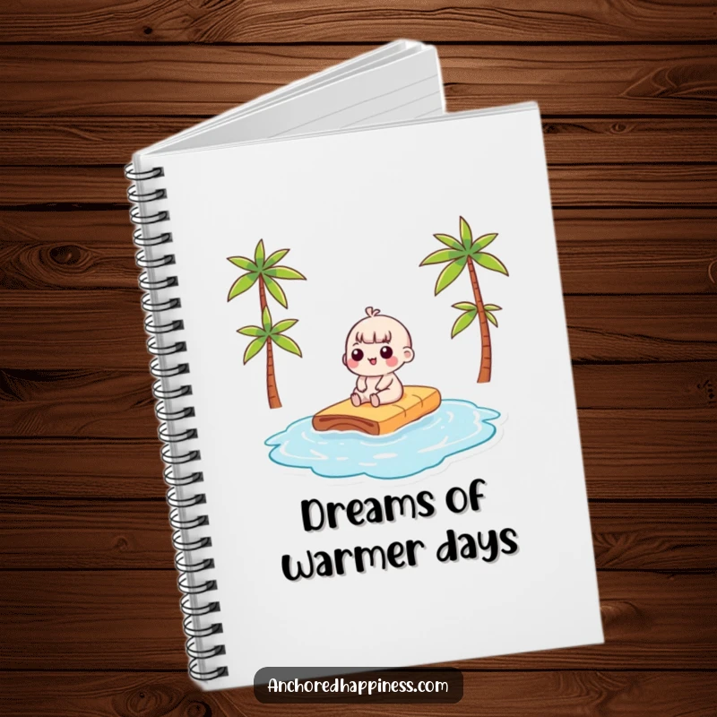Funny kawaii character on a tiny raft sunbathing, featured on a humorous notebook cover, perfect for jotting down ideas.