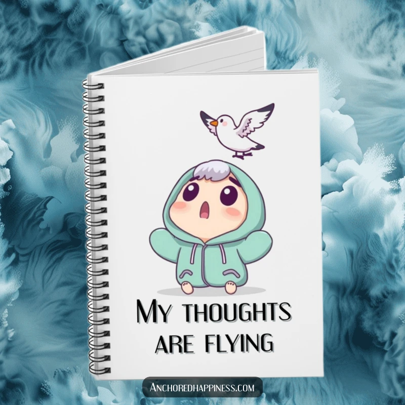 Funny notebook featuring a surprised character looking up as a tiny seagull lands, perfect for jotting down notes with a touch of humor.