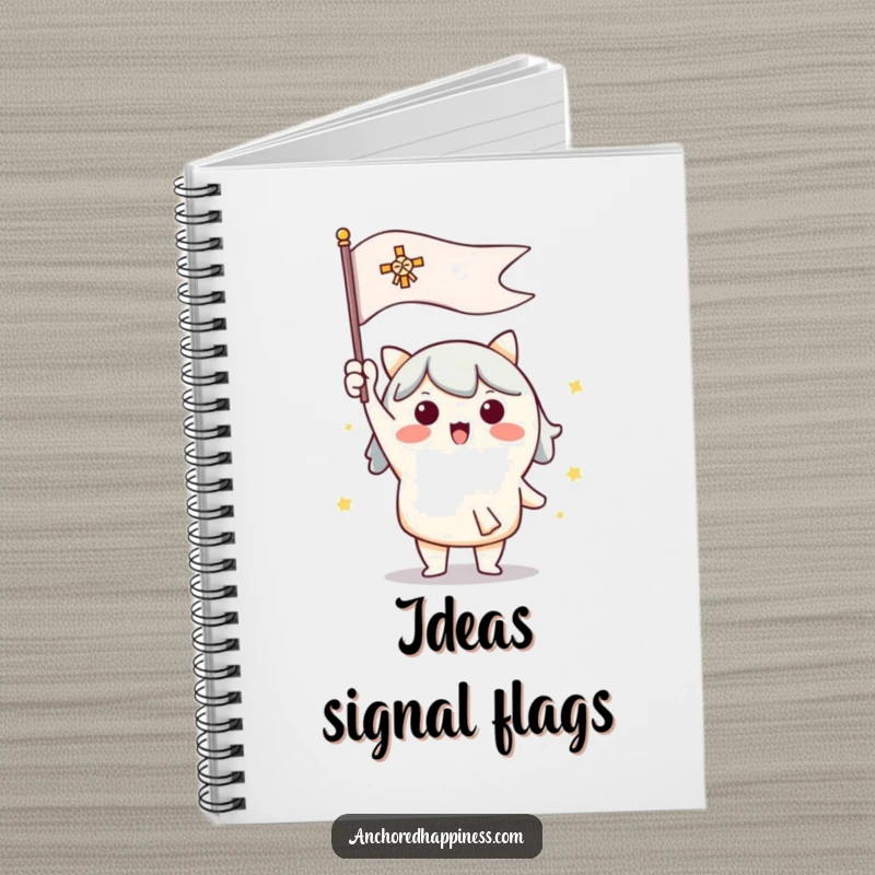 Funny notebook cover featuring a cute character enthusiastically raising a signal flag, perfect for jotting down ideas.