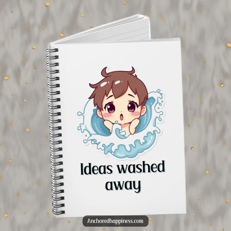 Funny notebook with a surprised character being playfully splashed by a wave, perfect for journaling, sketching, and capturing funny thoughts.