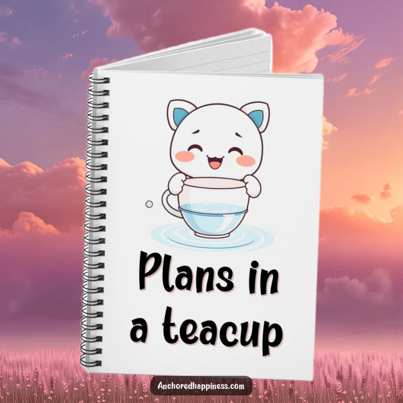 Funny notebook featuring a grinning character comically bailing water with a tiny teacup, ideal for journaling and capturing ambitious ideas.