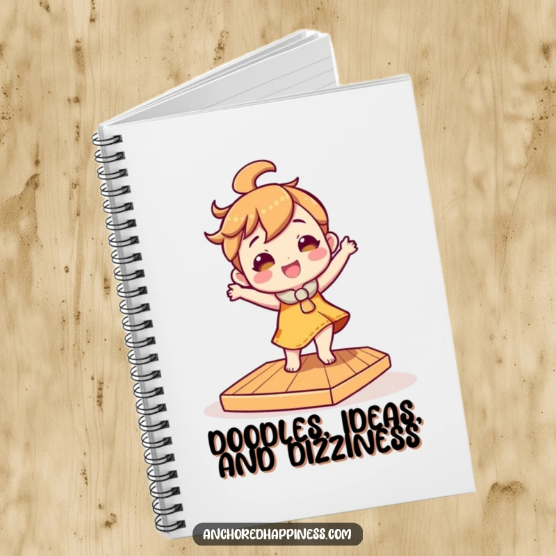 Funny notebook cover with a character doing a silly dance on a tilted wooden deck, inspiring creative and humorous writing.