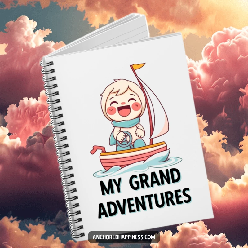 Funny notebook featuring a beaming character giggling while steering a tiny toy sailboat, ideal for creative notes.