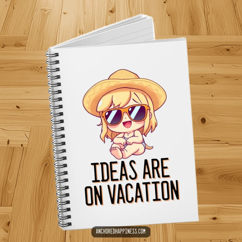 Funny notebook cover with a character wearing sunglasses and a straw hat, lounging with delight, inspiring calm writing.