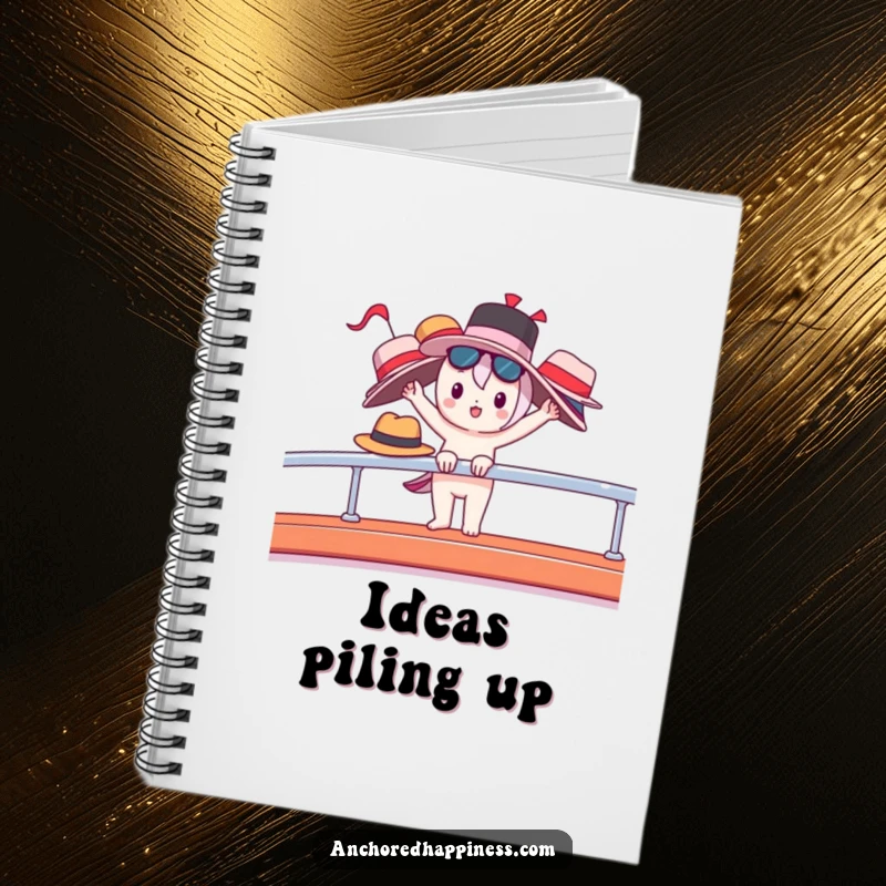 Funny notebook featuring a cute character balancing many hats on a yacht railing, perfect for notes.