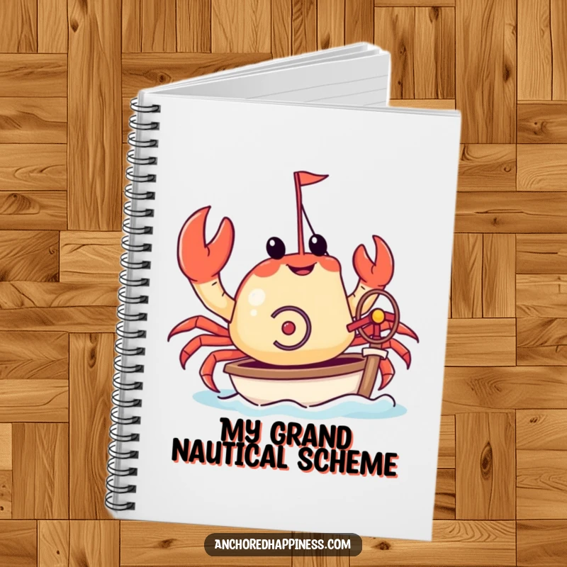 Funny notebook cover with a crab steering a miniature yacht with its pincers. Humorous nautical journal for jotting down thoughts. Great stationary.