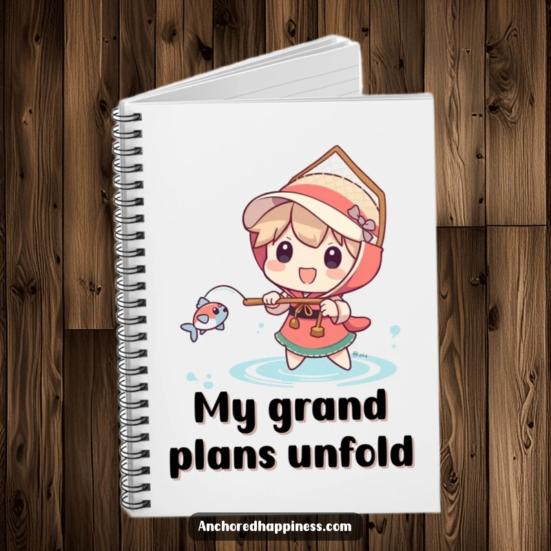 Funny notebook cover with a character using a comically large net to catch a tiny fish, inspiring creative notes.