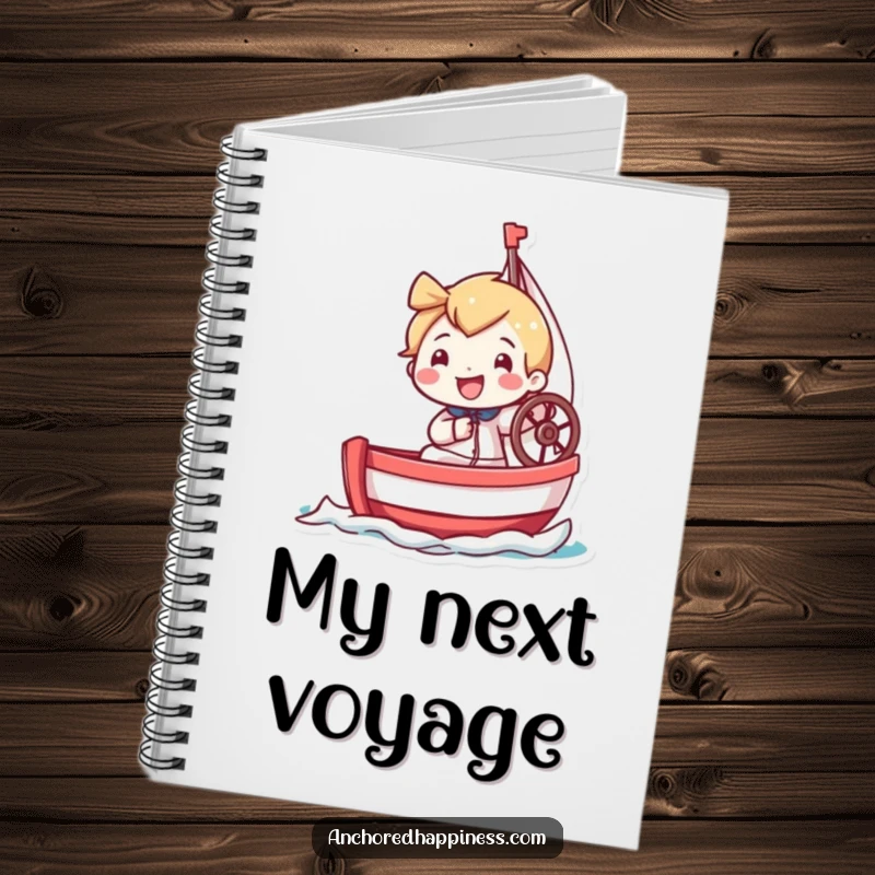 Funny notebook featuring a tiny character with a massive grin, enthusiastically steering a miniature sailboat, ideal for capturing bright ideas.