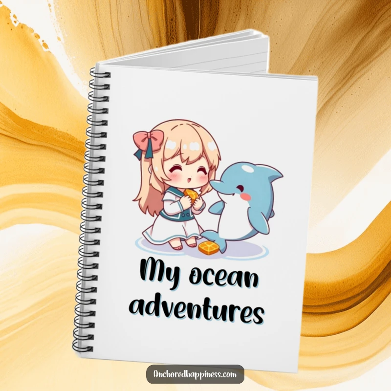 Funny notebook with a cute character sharing a snack with a friendly dolphin, perfect for journaling kindness.