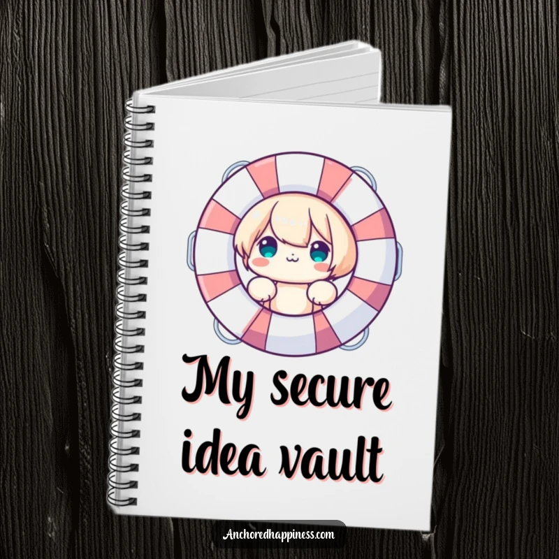 Funny Notebook: Cute character peeking from behind a large life preserver, perfect for notes and ideas, a practical funny gift.