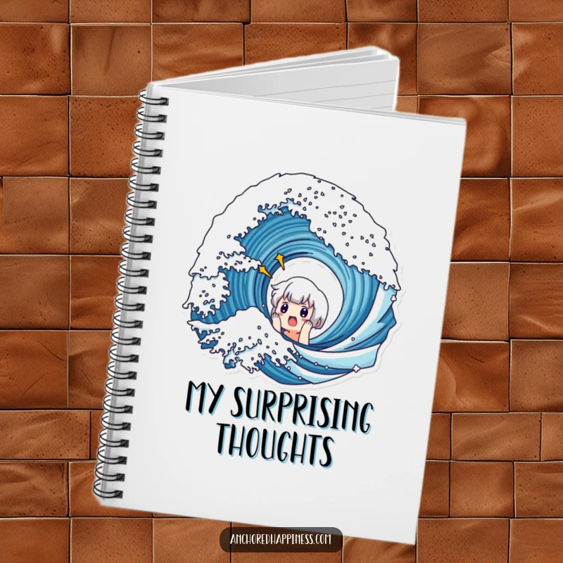 Funny notebook cover featuring a cute character with a surprised expression at a large wave, perfect for jotting notes.