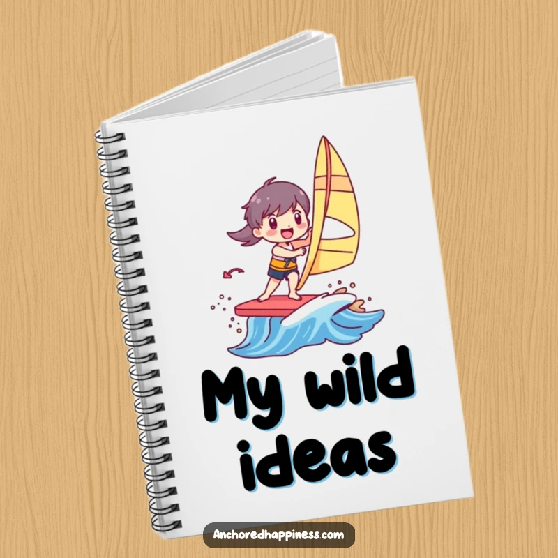 Funny notebook with a character joyfully windsurfing on a small, colorful wave, perfect for capturing inspired thoughts and doodles.