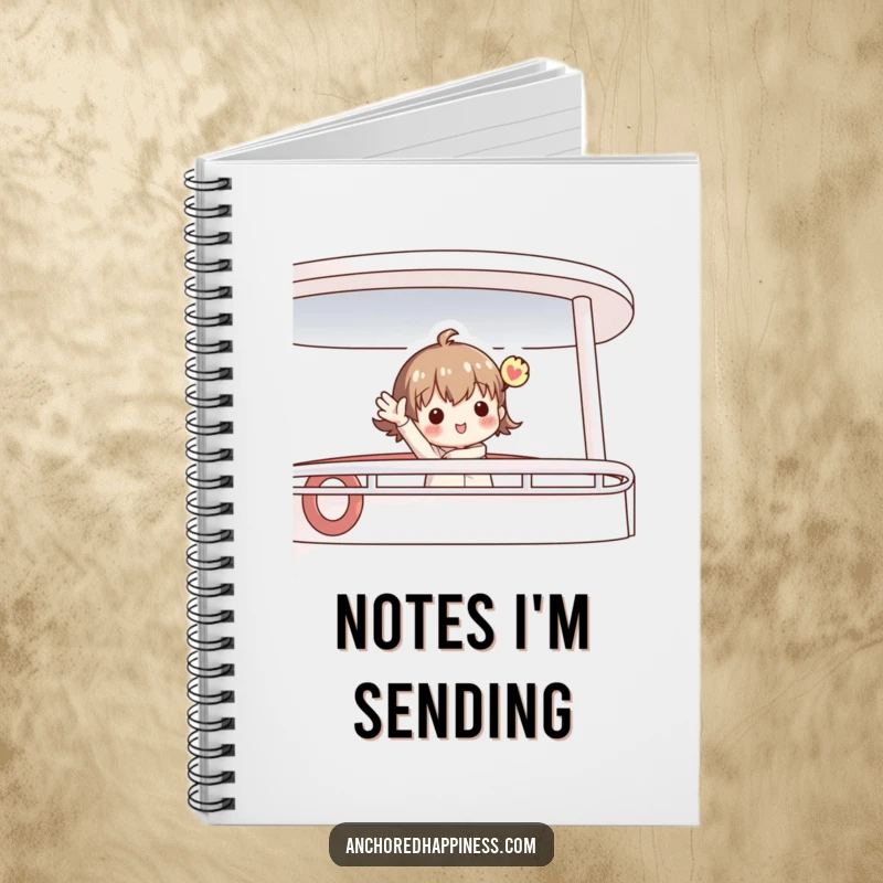 Funny notebook with a charming figure enthusiastically waving from a boat deck, designed for jotting down ideas and nautical plans.