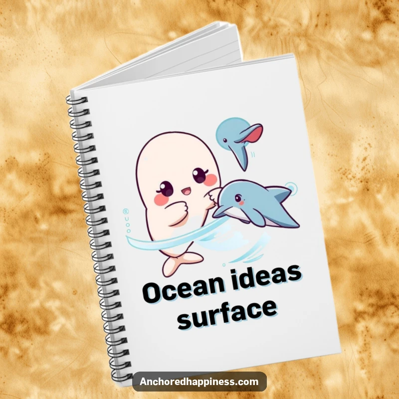 Funny kawaii dolphin surprise notebook, character surprised, pointing at dolphin, for writing and planning, humorous ocean theme, useful gift.