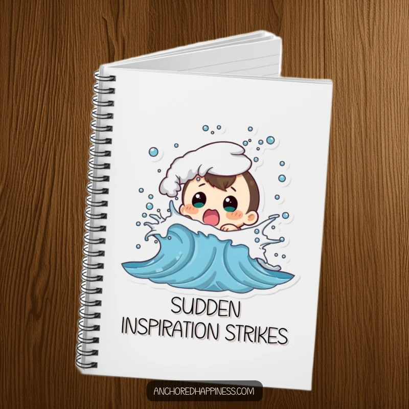 Funny notebook cover with a character looking shocked as a playful wave splashes them, inspiring creative and humorous writing.