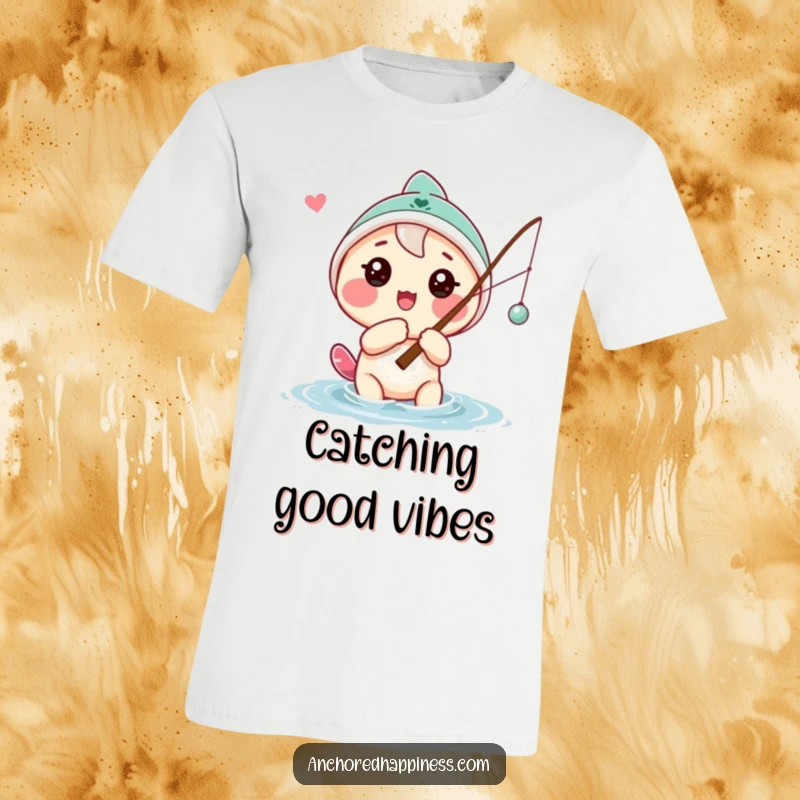 Funny t-shirt depicting a playful character with a hopeful gaze casting a fishing line, capturing the patient anticipation of angling.