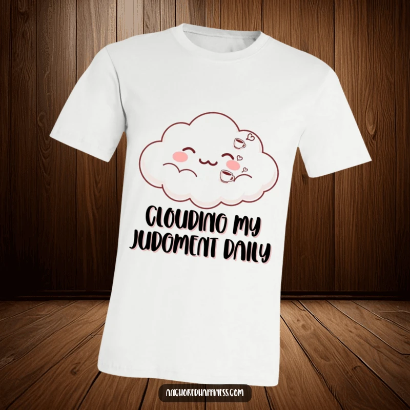 Funny t-shirt showing a cloud exhaling small, perfect coffee cups. A peaceful and humorous design for coffee enthusiasts. Great graphic.