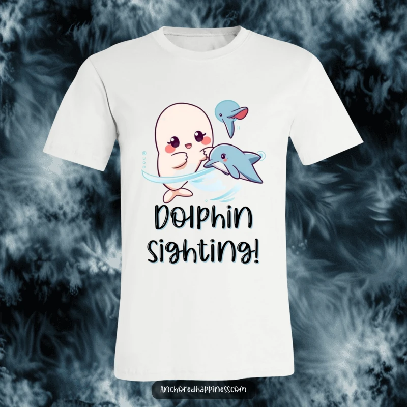 Funny kawaii dolphin encounter t-shirt, character surprised, pointing at dolphin, humorous ocean theme, great funny gift.