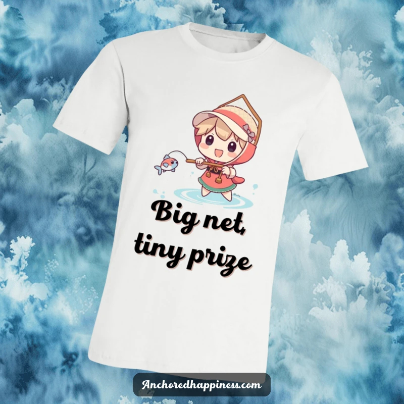 Funny t-shirt depicting a character gleefully wielding a comically large net to catch a tiny fish, celebrating fishing humor.