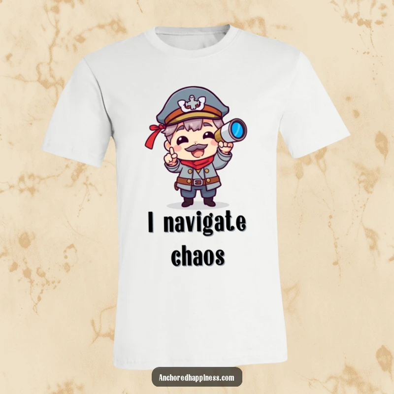 Funny t-shirt with a character acting like a captain, spyglass in hand, pointing towards the unknown humor.