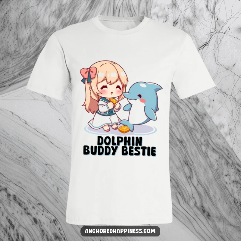 Funny t-shirt featuring a cute character sharing a snack with a friendly, cheerful dolphin, a heartwarming scene.