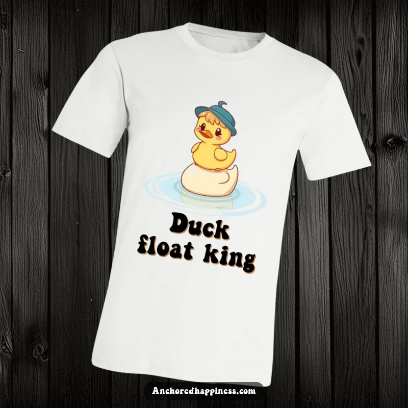 Funny t-shirt depicting a whimsical character balancing on a rubber ducky in the water, perfect for beach vibes and humorous adventures.