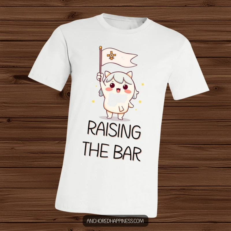 Funny t-shirt featuring a cute character enthusiastically raising a signal flag, representing motivation and action.