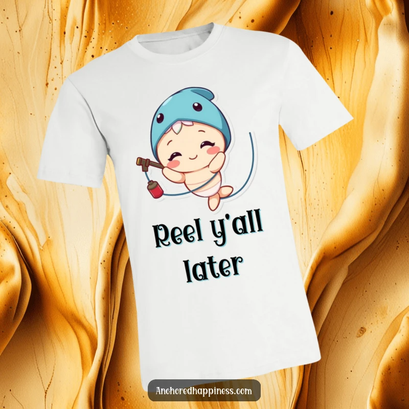 Funny t-shirt with a cute character humorously tangled in fishing line, smiling gleefully while stuck in the mess.
