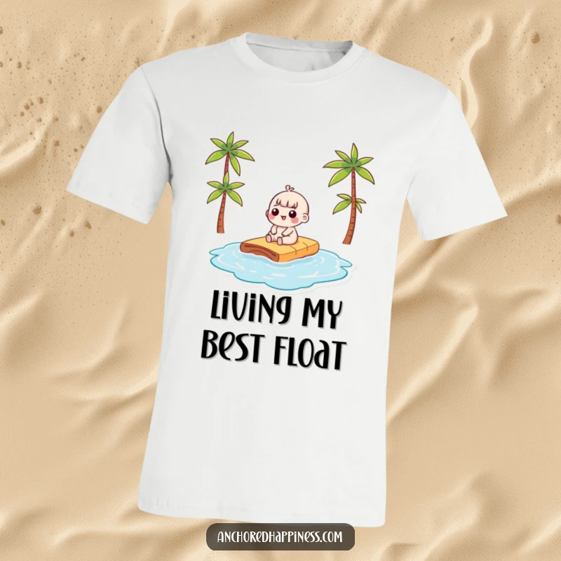 Funny kawaii character chilling on a small raft in the sun, conveying pure relaxation and joy, great for a t-shirt.