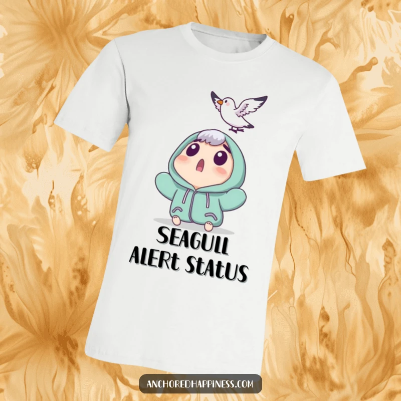 Funny t-shirt showcasing a surprised character startled by a tiny seagull landing nearby, perfect for expressing unexpected humorous situations.