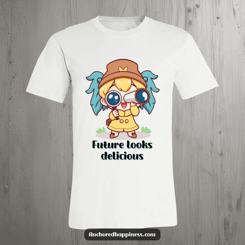 Funny t-shirt featuring a cute character eagerly holding a spyglass, looking ahead with excitement and a sense of discovery.