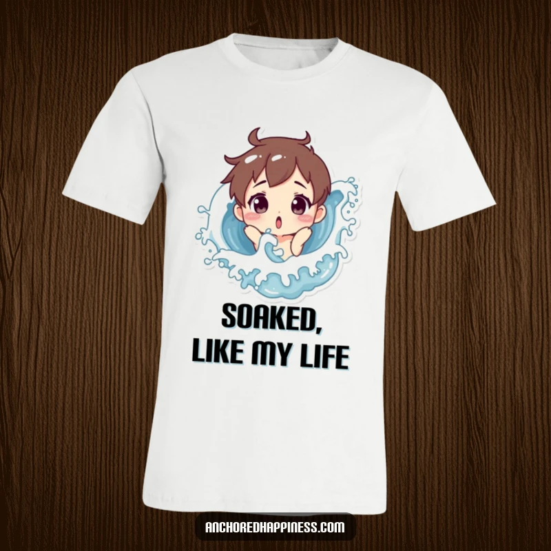 Funny T-shirt showing a cartoon character looking surprised as a large ocean wave playfully splashes them, perfect for beach humor lovers.