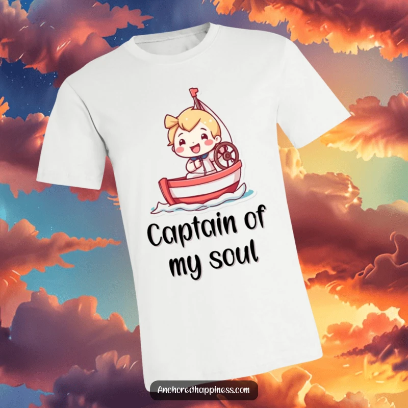 Funny t-shirt with a tiny character gleefully steering a miniature sailboat, radiating infectious enthusiasm and nautical charm.