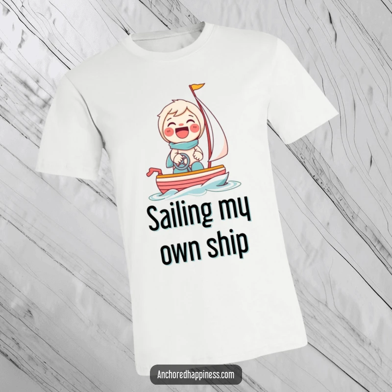 Funny t-shirt showing a beaming character giggling while steering a tiny toy sailboat, celebrating small adventures.