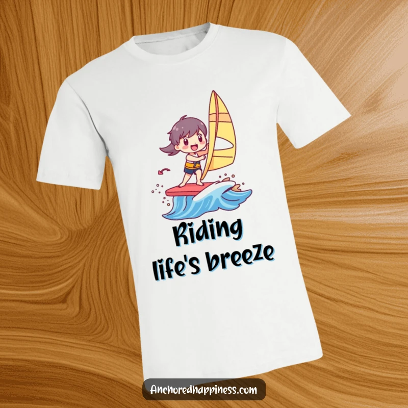 Funny t-shirt depicting a character gleefully windsurfing on a small, bright, colorful wave, radiating pure water sport fun.