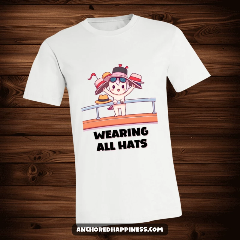 Funny t-shirt featuring a cute character balancing multiple hats on a yacht railing, exuding playful sophistication.
