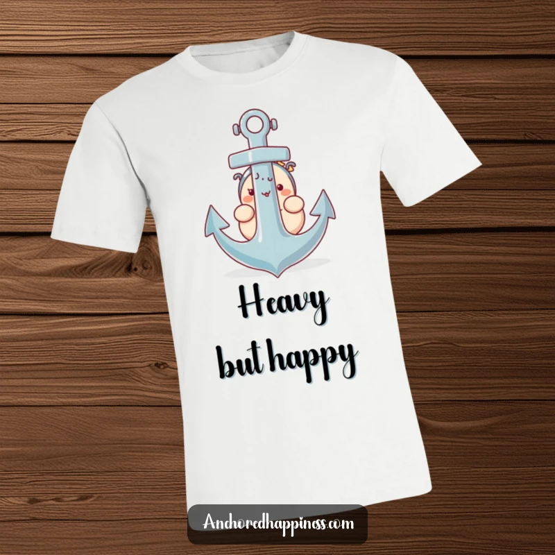 Funny t-shirt graphic of a plump character peeking from behind a huge anchor, looking cute and shy.