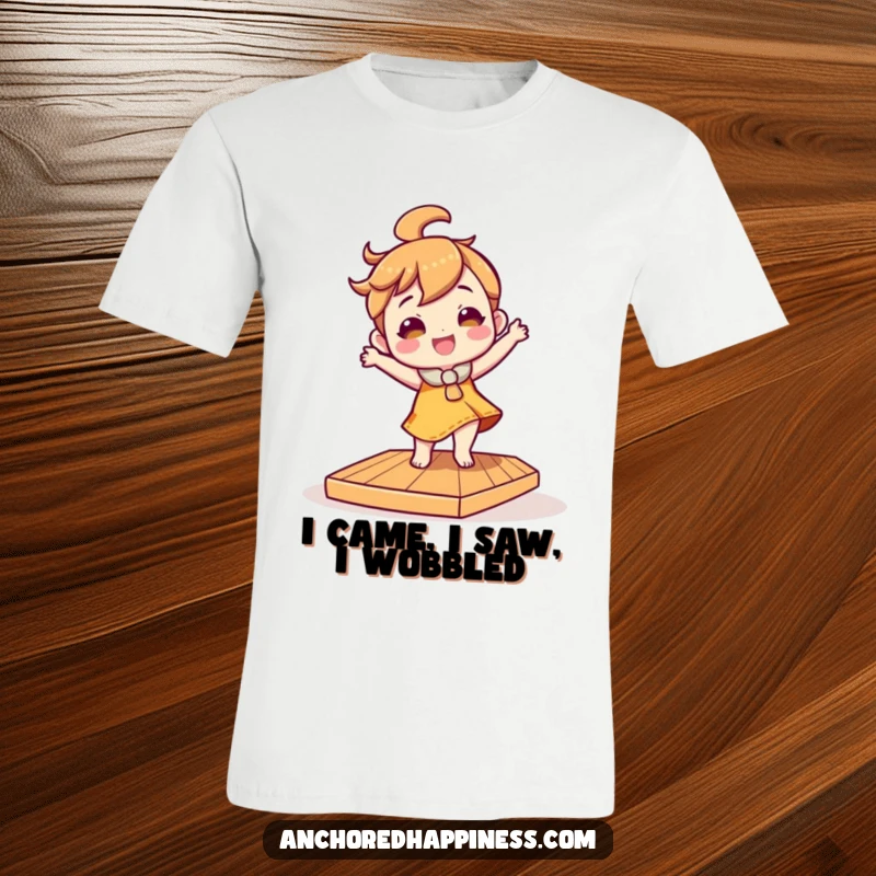 Funny t-shirt displaying a character performing a hilarious, energetic dance on a tilted wooden deck, radiating pure amusement.