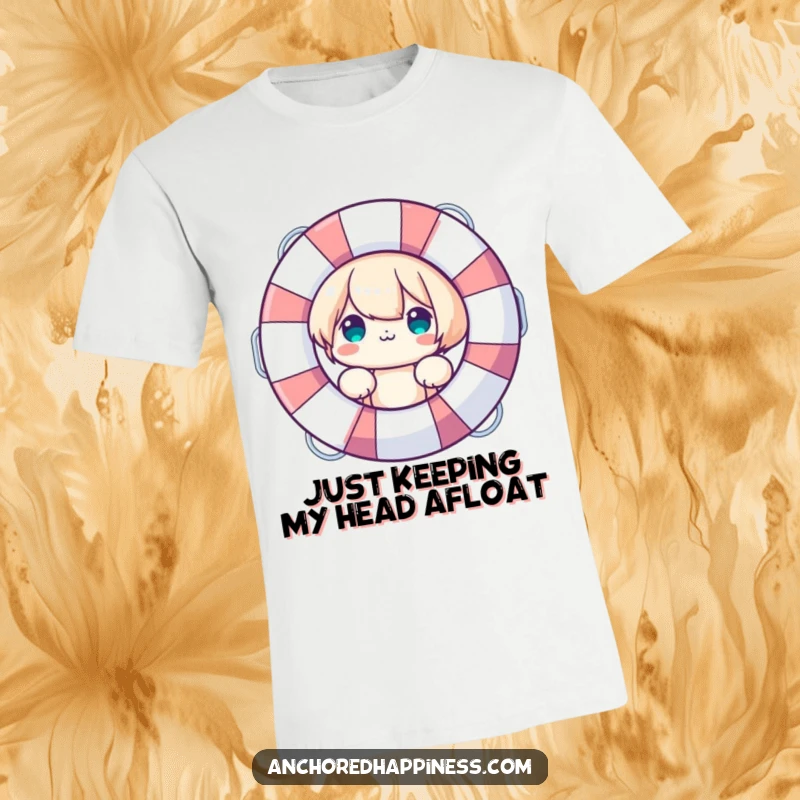 Funny T-Shirt: Cute character peeking from behind a large life preserver, embodying playfulness and readiness, a fun and funny gift.