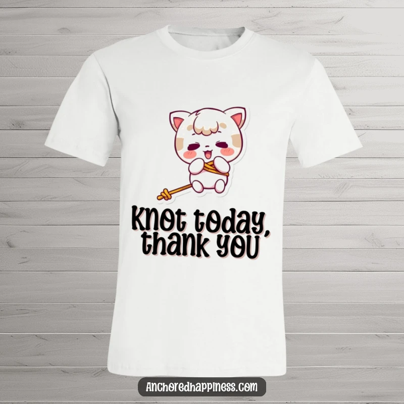 Funny kawaii character comically stuck in a tangled rope, printed on a hilarious t-shirt for clumsy humor.