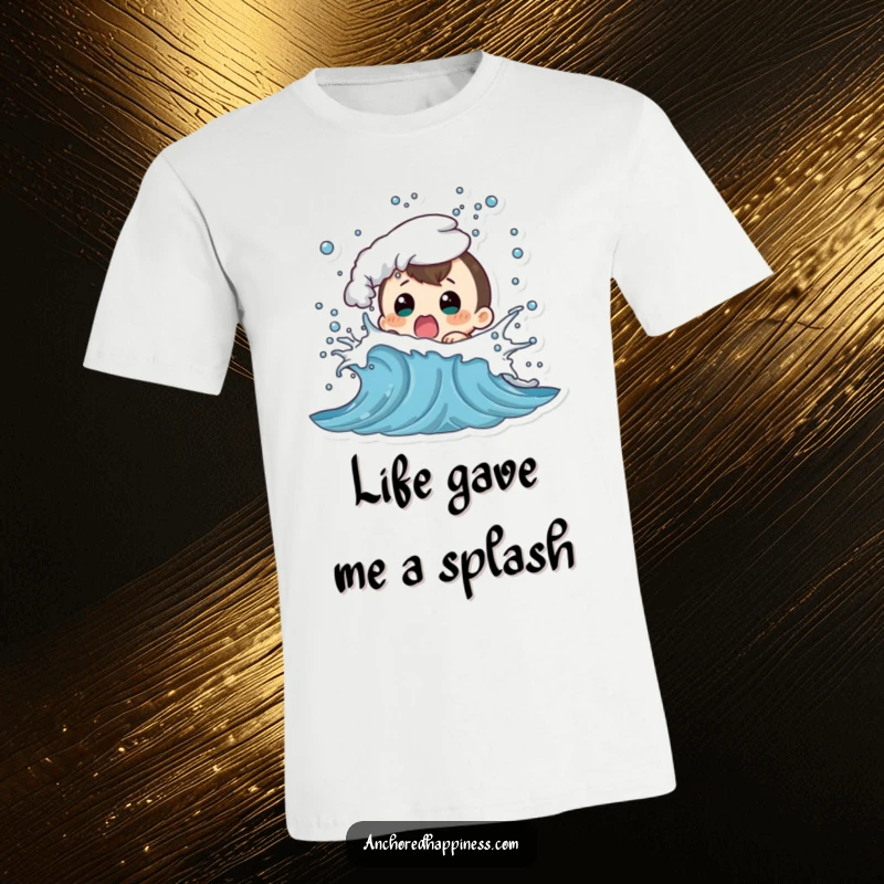 Funny t-shirt depicting a character comically shocked as a bubbly wave splashes them, capturing a moment of beachy surprise.